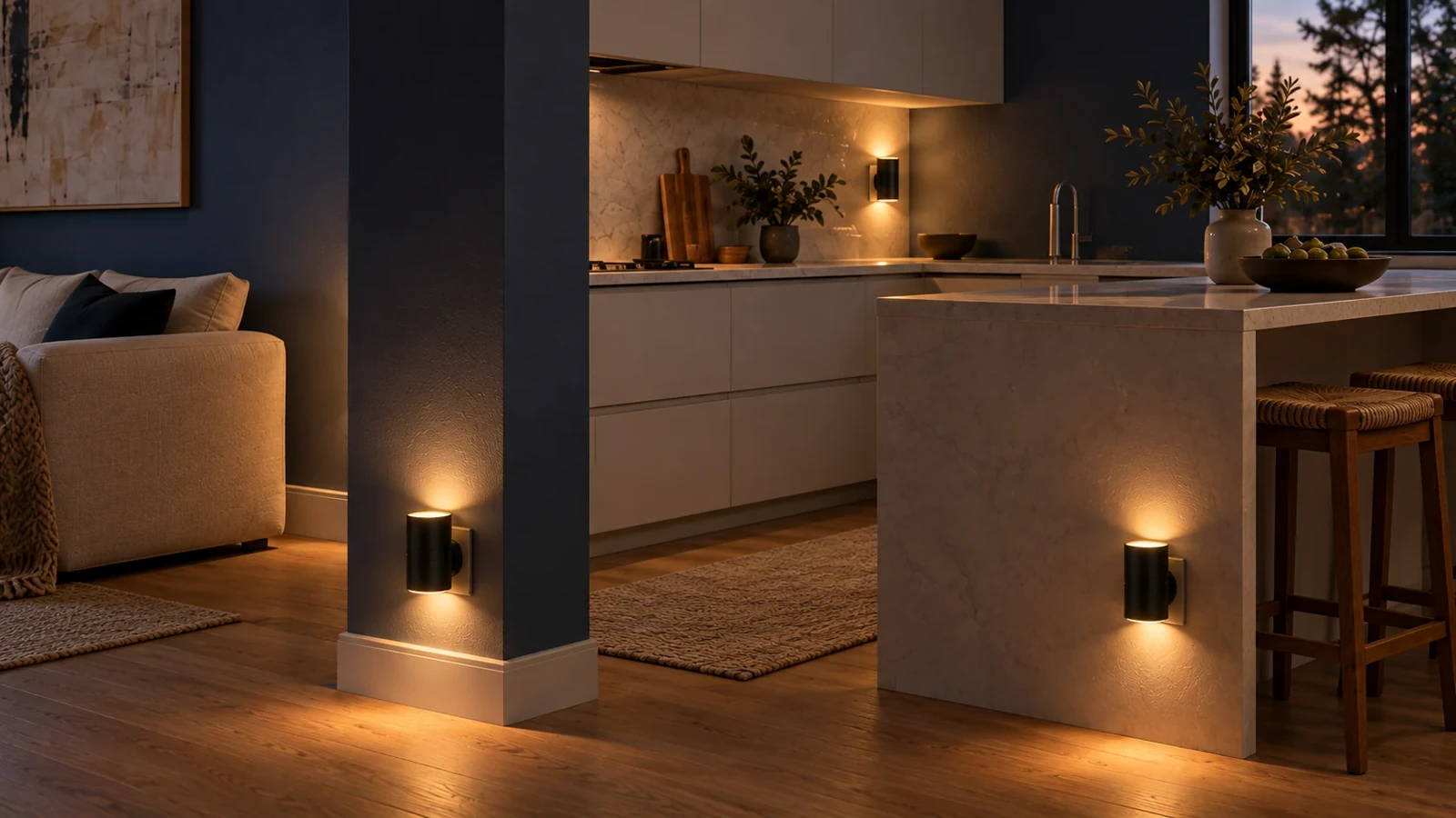 Un intérieur chaleureux, éclairé de lumières douces à la tombée du jour